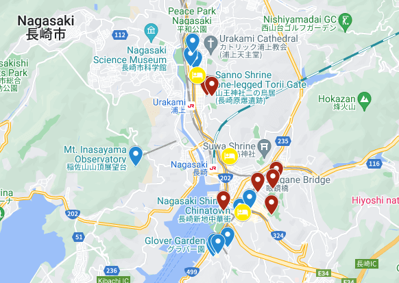 Map showing all the destinations mentioned in this itinerary for a Nagasaki day trip.