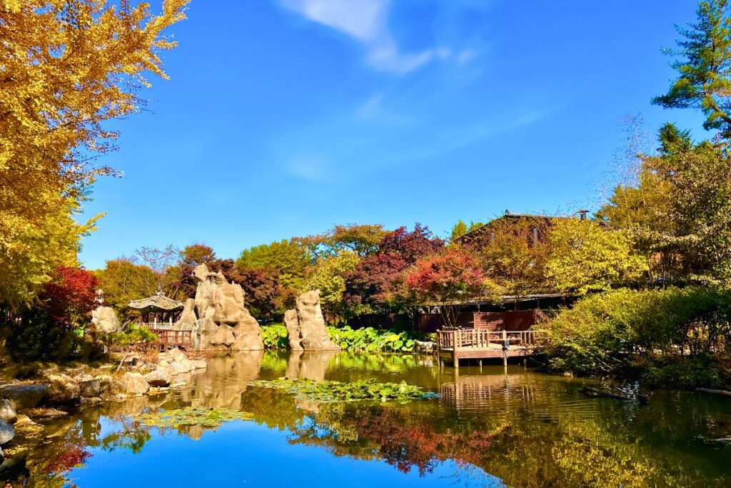 Pond on Nami Island surrounded by autumn foliage.