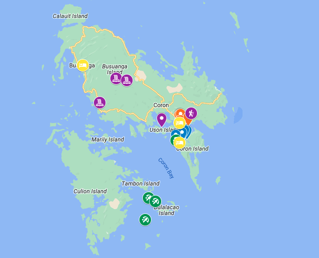 A map showing all the destinations mentioned in this 3 day Coron itinerary.