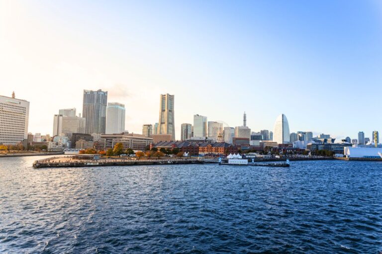 View of Yokohama skyline taken from the water.