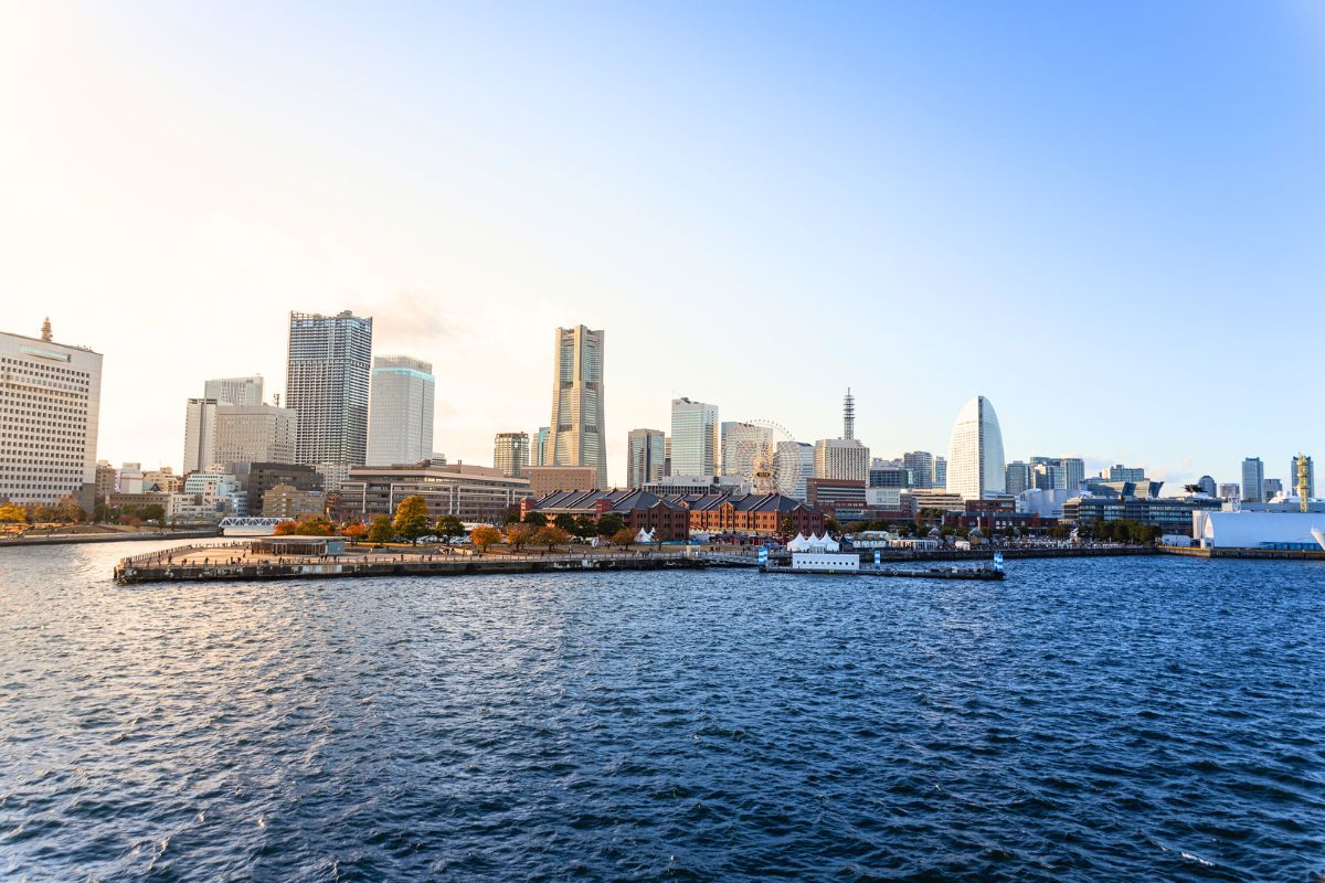 View of Yokohama skyline taken from the water.