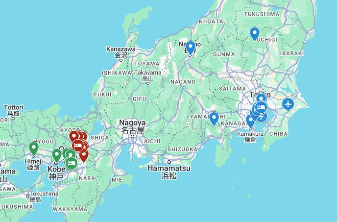 A map showing all the destinations mentioned in this 10 day Japan itinerary.