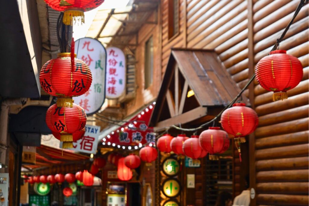 Jiufen Old Street lined with red lanterns.