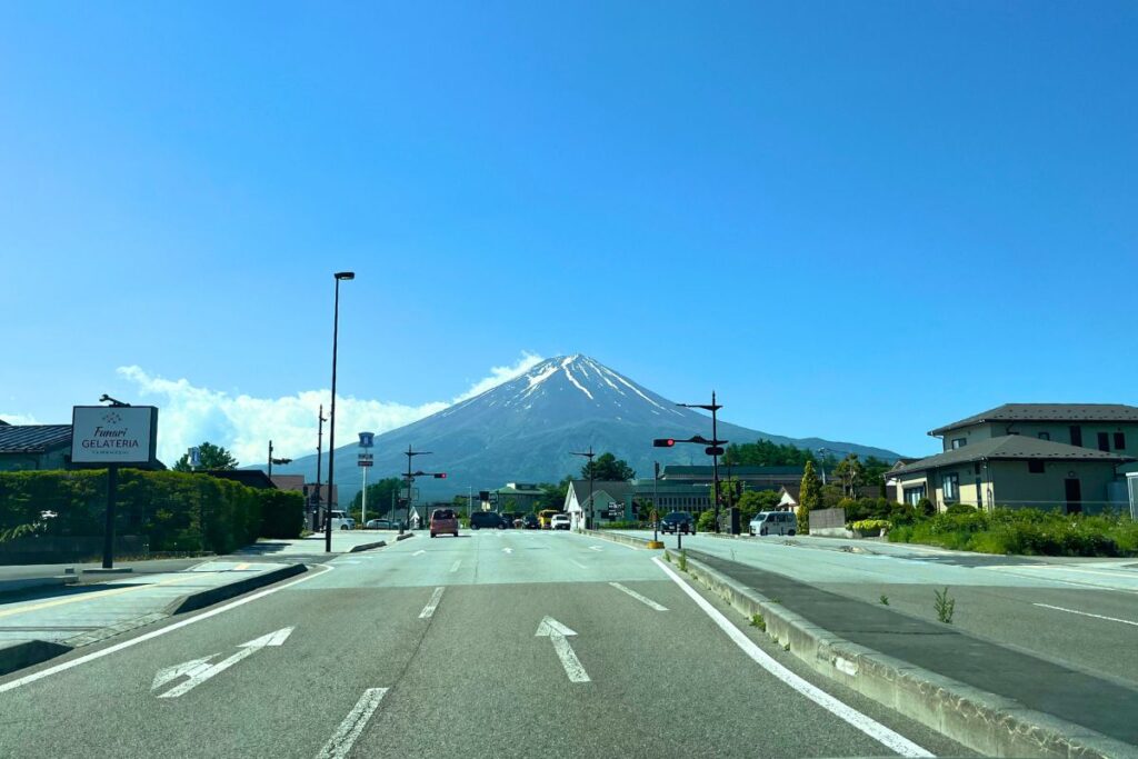 View of Mount Fuji from the road while driving.