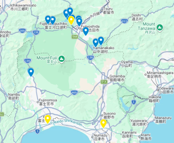 Map of all the destinations shown in this guide to the best views of Mount Fuji.