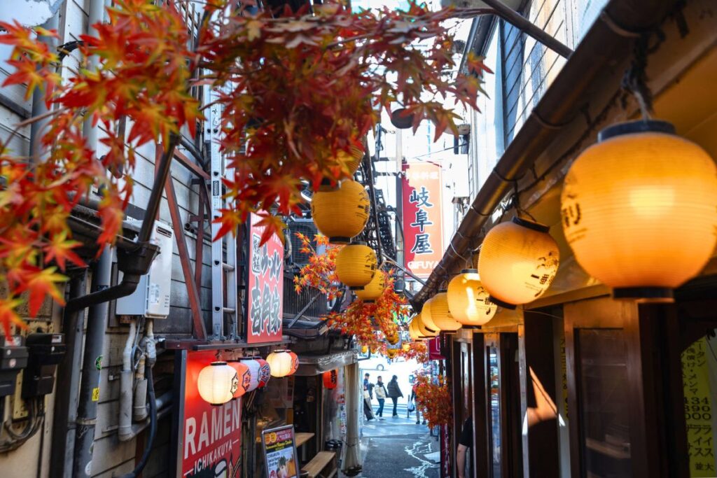 Memory Lane - Shinjuku A narrow street lined with local restaurants and traditional Japanese lanterns.