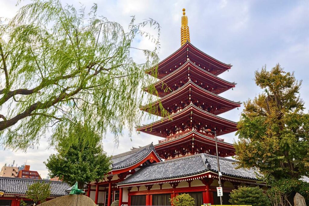 Bright red pagoda at Senso-ji Temple in Tokyo