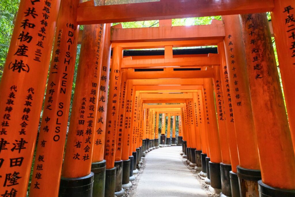 A tunnel of red-orange torii gates at Fushimi Inari Shrine in Kyoto.