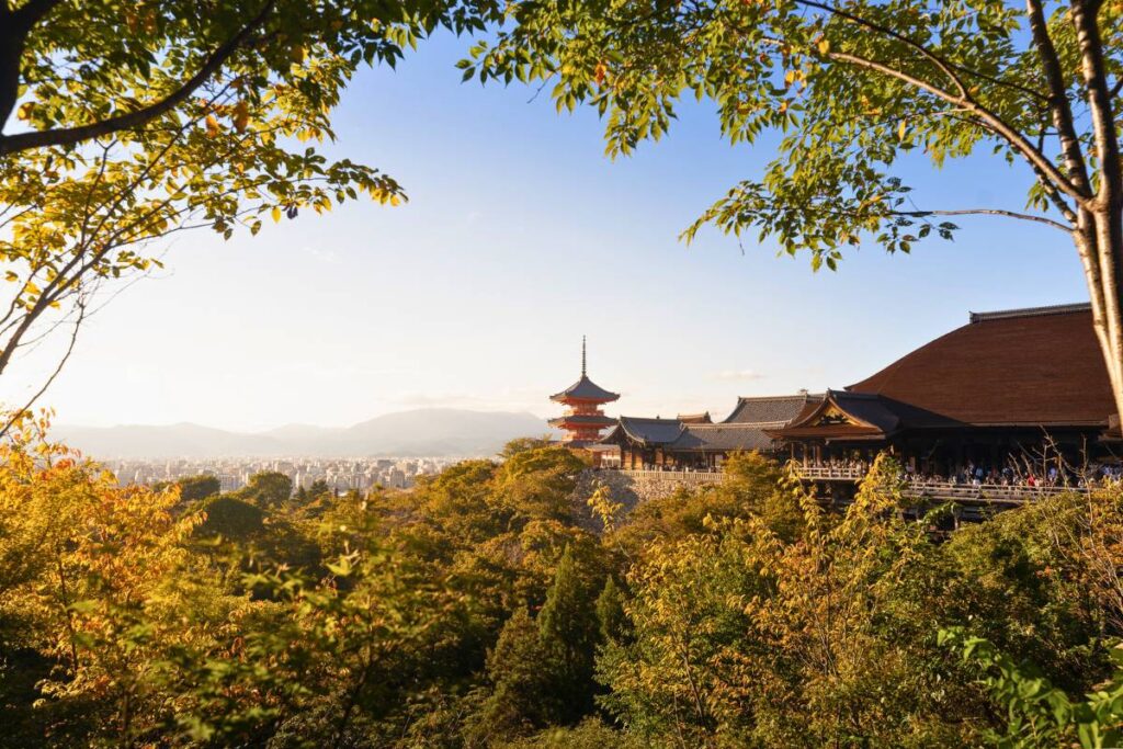 View overlooking Kyoto, framed by leaves, with a pagoda in the background.