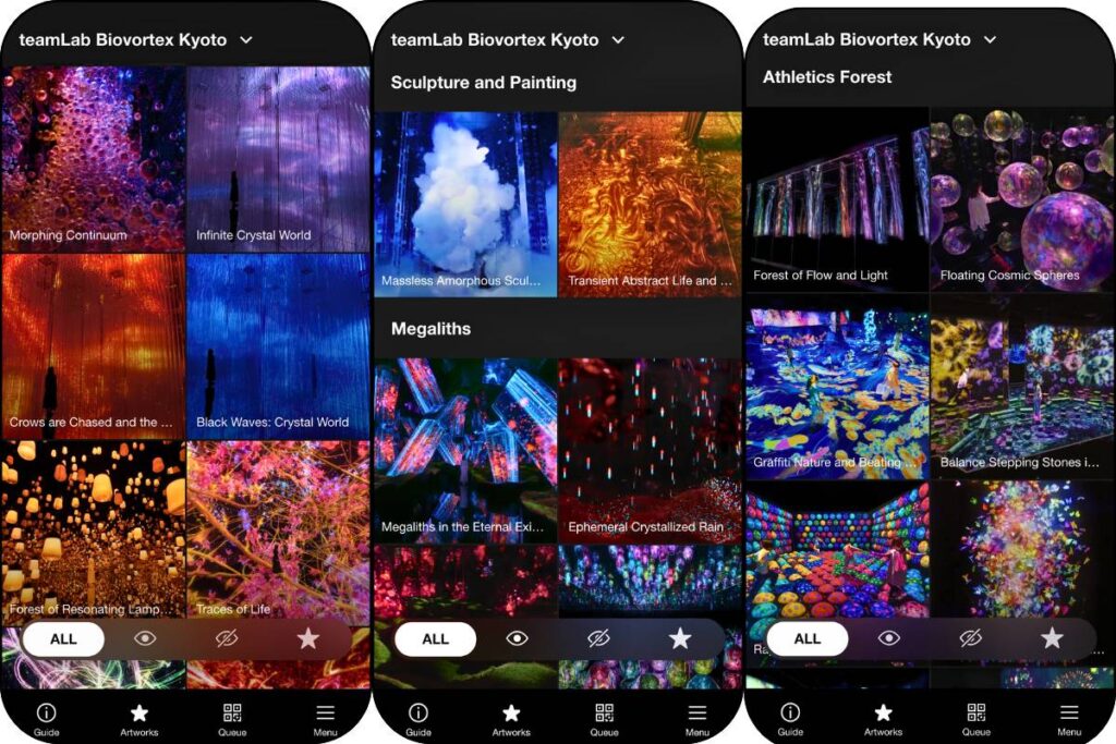 Screenshots of the app for teamLab Biovortex in Kyoto.