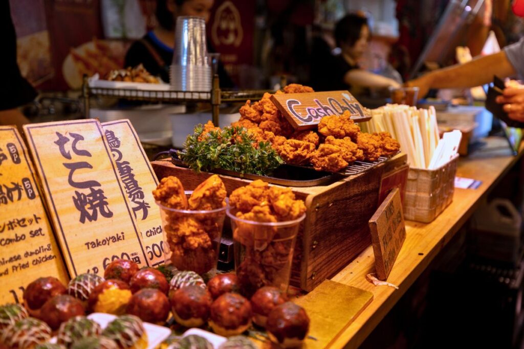 Street food display at the Nishiki Market in Kyoto.