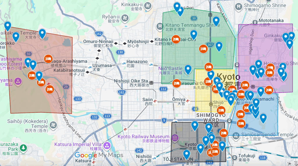A map showing where to stay in Kyoto.