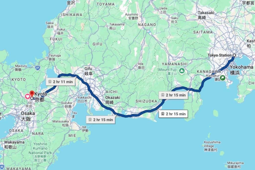 A map showing the distance from Tokyo to Kyoto