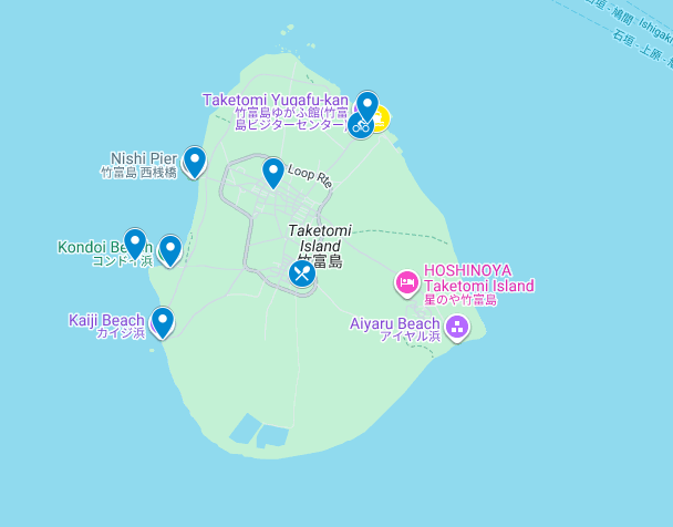 A map of all the places mentioned in this guide to Taketomi Island.