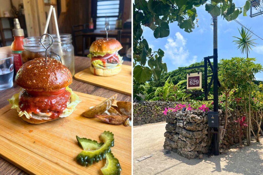 A photo of the sign/entrance to Taketomi 629 & a photo of burgers from the restaurant.