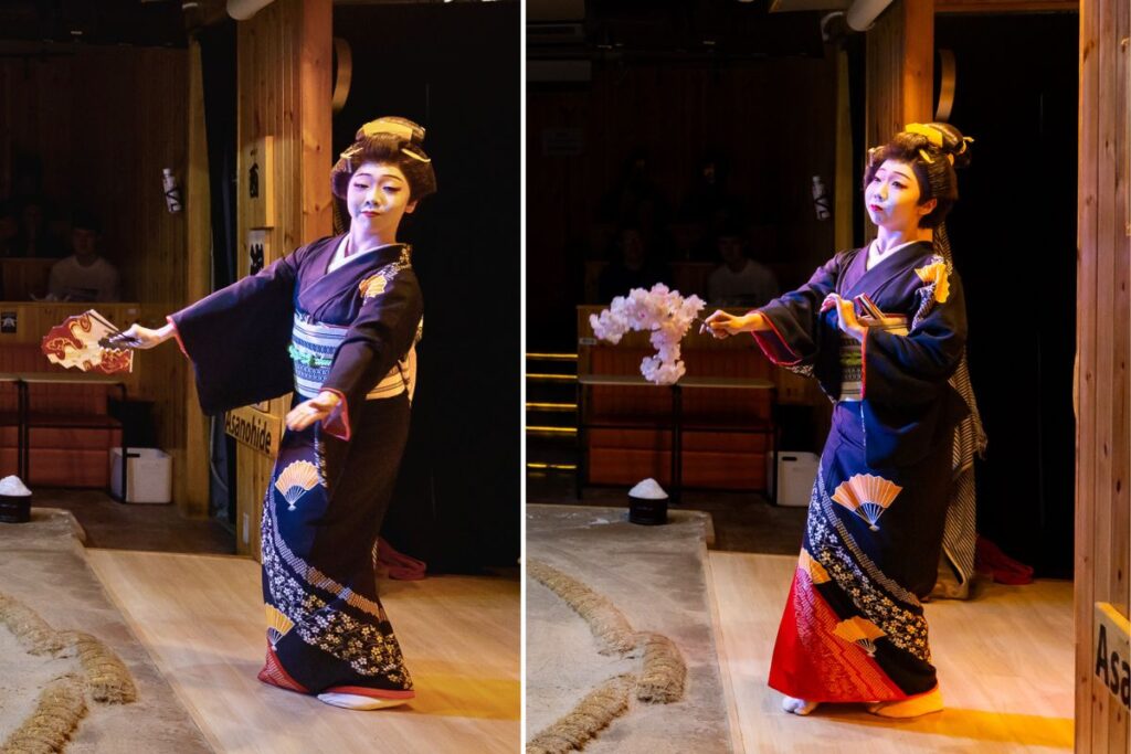 Two photos of a geisha in traditional attire performing a cultural dance.