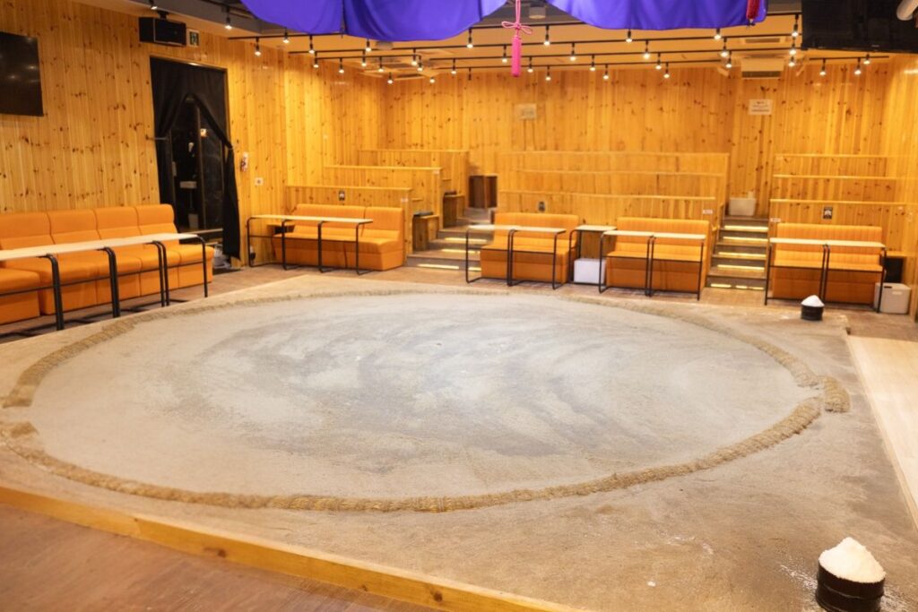 The empty sumo ring at the Asakusa Sumo Club in Tokyo.