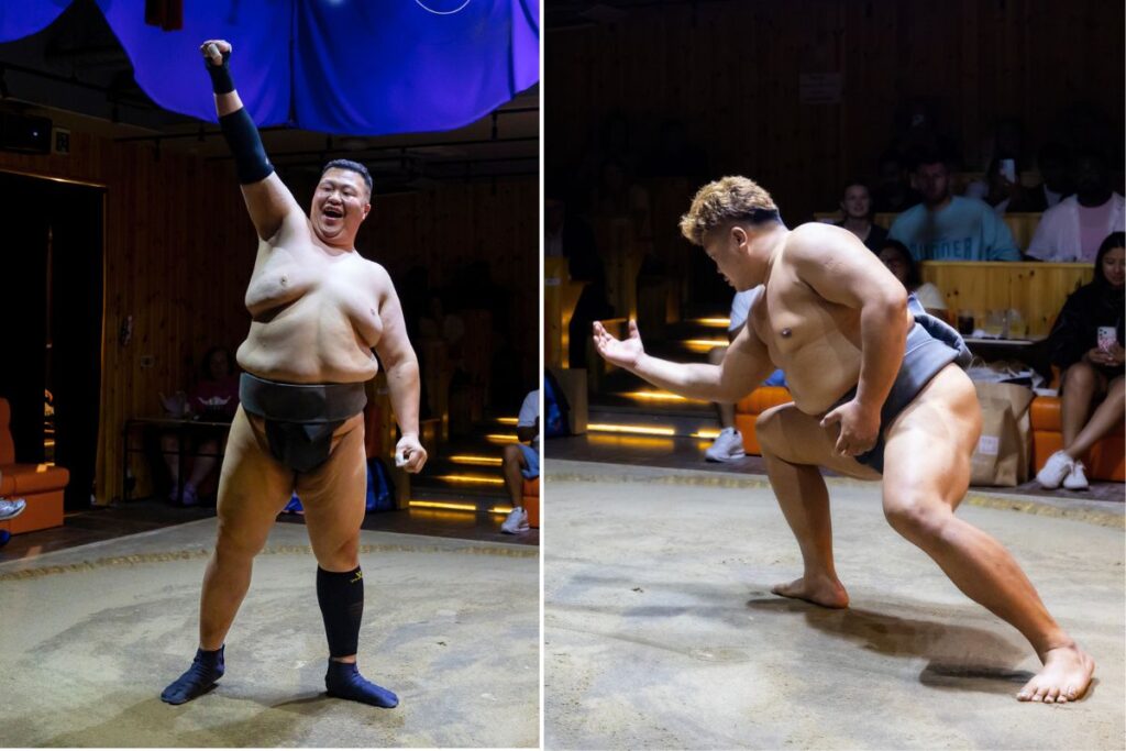 Two sumo wrestlers at the Asakusa Sumo Club.