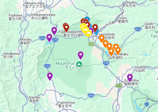 A map showing all of the destinations mentioned in this Fuji Five Lakes Itinerary